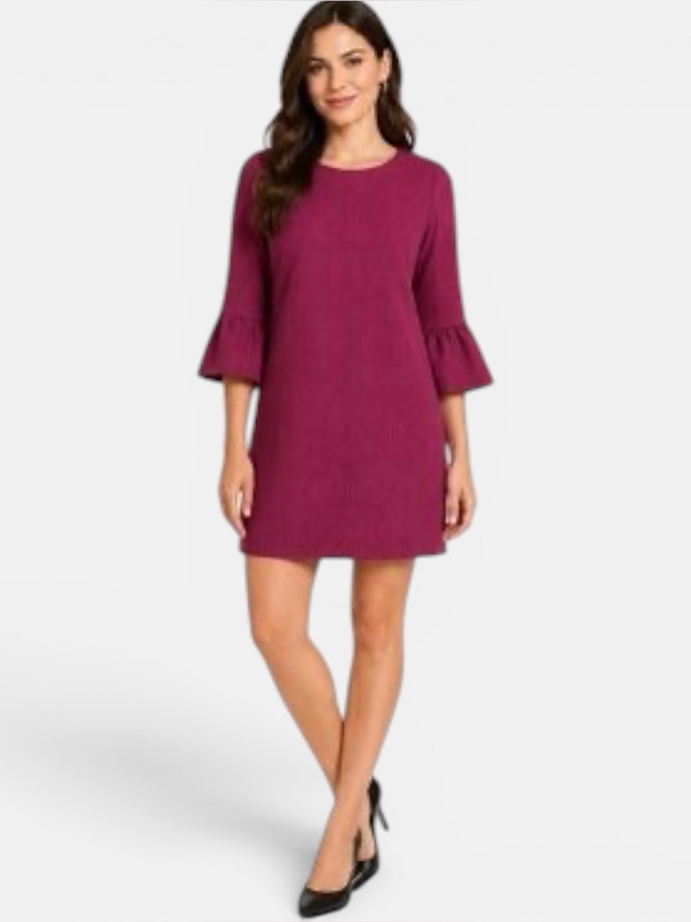 BANANA REPUBLIC Burgundy Plaid Textured 3/4 Bell Sleeve Shift Dress, Medium